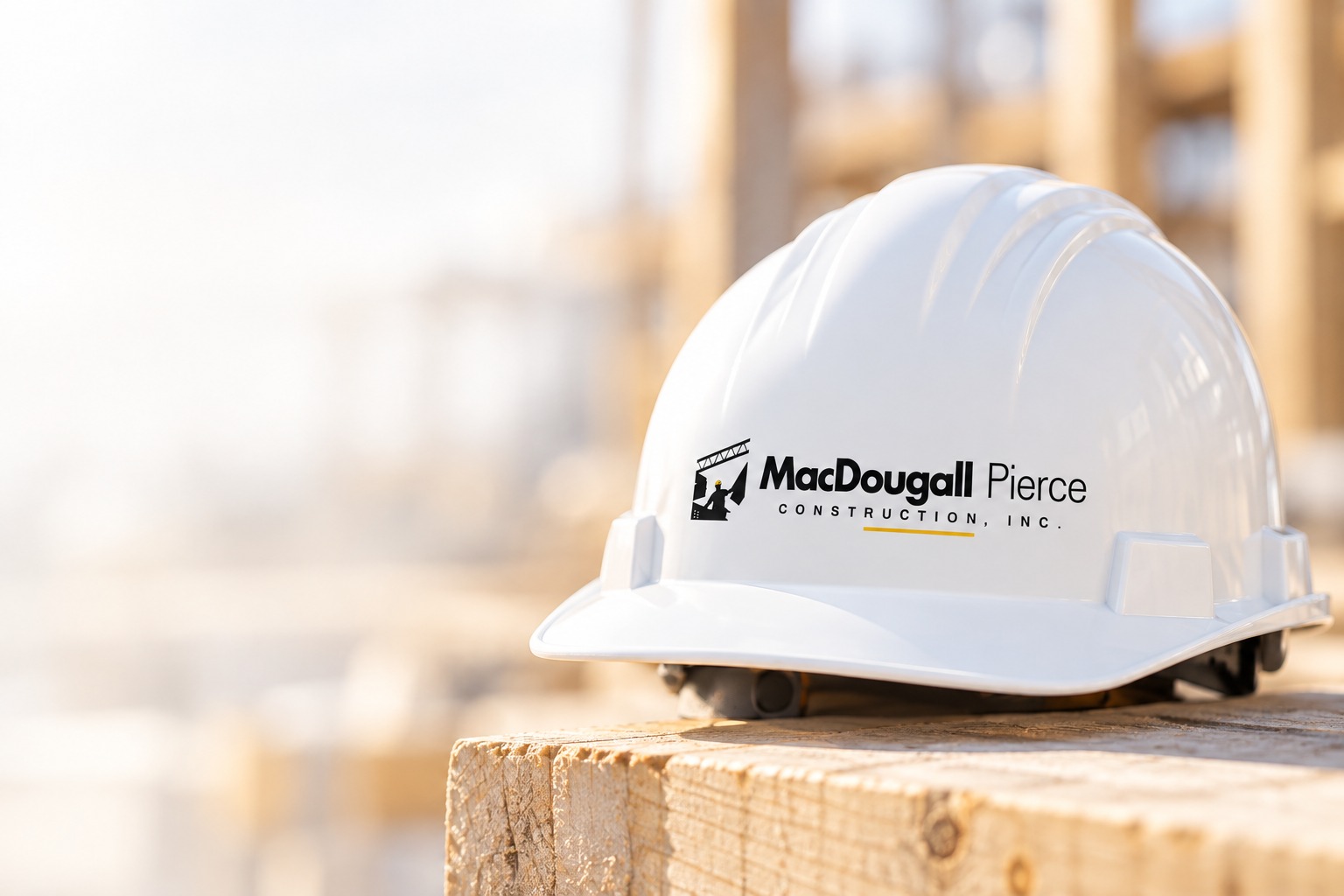 White MacDougall Pierce Construction hard hat at a construction site